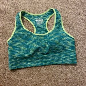 neon green and blue sports bra